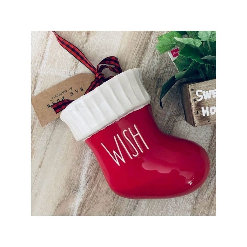 NWT Rare Gorgeous Rae Dunn WISH Red Ceramic Christmas Santa Boot Bootie Stocking